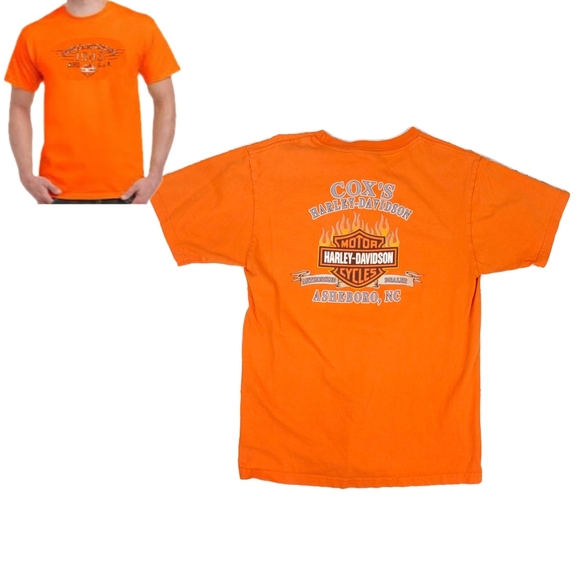 Harley Davidson Mens L Orange Asheboro NC Short Slv Top - Picture 2 of 7